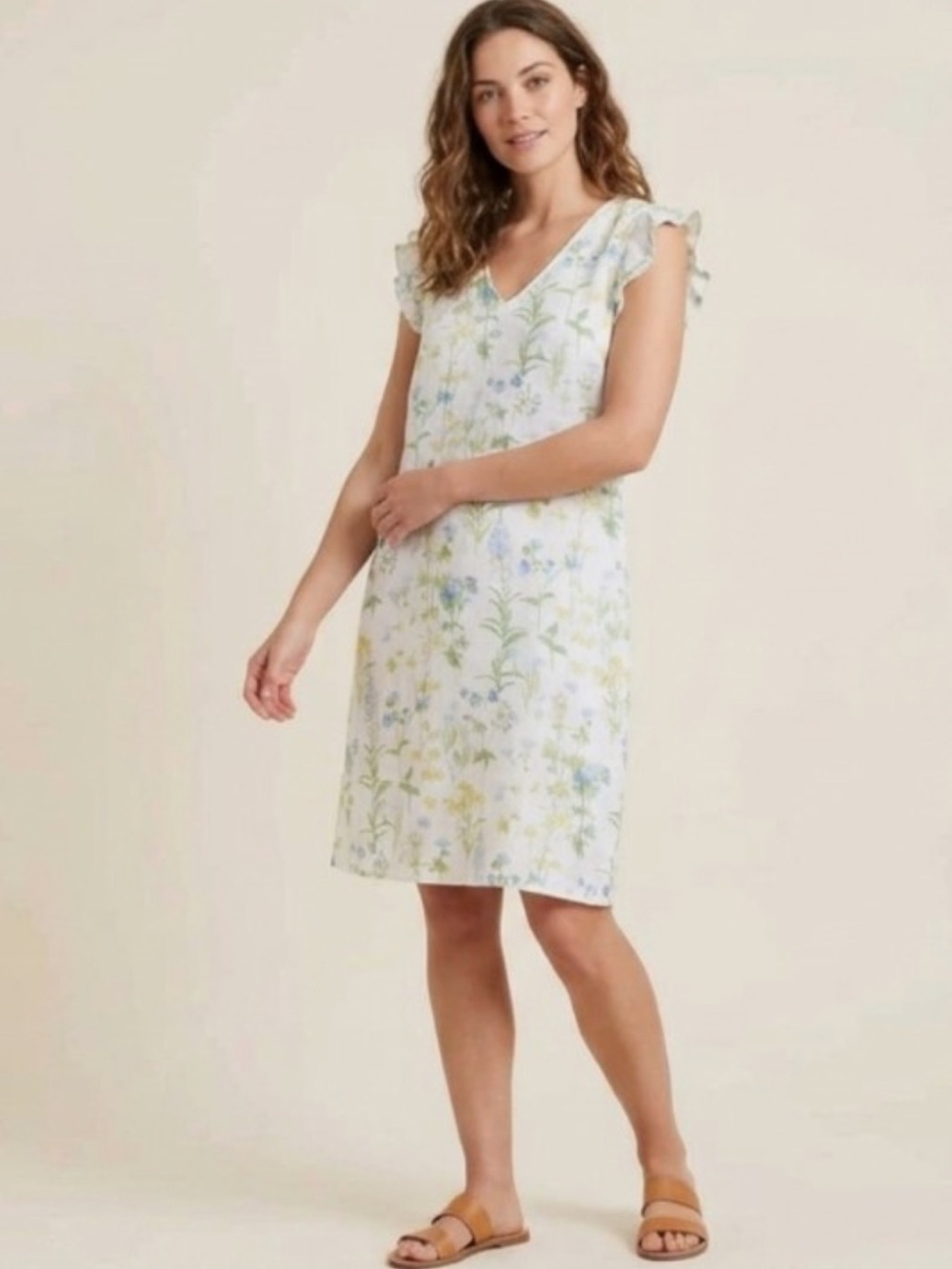 Laura Ashley floral ruffle linen shift dress small white blue